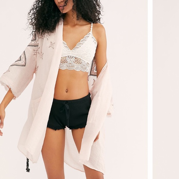 FREE PEOPLE ISABELLA EMBROIDERED ROBE IN LINEN COTTON FABRICATION BLACK ROPE TIE - Picture 1 of 8